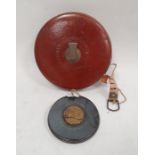 Old Chesterman surveyor's tape in brass mounted leather case, 15cm diameter and a John Raybon & Sons