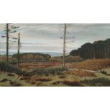A W May Oil on canvas Extensive autumnal wooded landscape with fox and bracken in foreground, signed