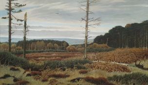 A W May Oil on canvas Extensive autumnal wooded landscape with fox and bracken in foreground, signed