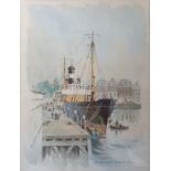 Stuart Beck (20th century) Watercolour Steamship by tall masted ship, signed lower right, 26 x 39.