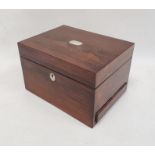 Victorian rosewood and mother-of-pearl inlaid travelling vanity box having fitted interior, glass