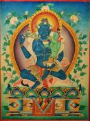 20th century Tibetan school  Watercolour on card (?) Blue Tara Green Tara, unsigned, marked verso '