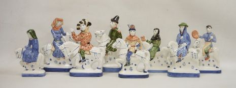 Collection of eight Rye pottery Canterbury Tales figures on horseback, printed blue marks, each