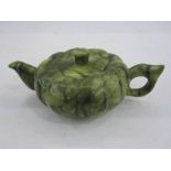 Chinese variegated jade teapot of pumpkin form, 17cm over the handle