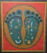 20th century Indian school  Painting on fabric Vishnu - Pada, green feet on a brown ground circle,