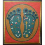 20th century Indian school  Painting on fabric Vishnu - Pada, green feet on a brown ground circle,