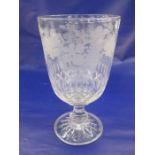 Antique cut and etched glass celery vase, the rounded body with etched fruiting vine, ovolo and