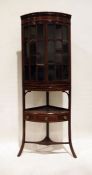 19th century mahogany banded corner display cabinet, moulded cornice above two astragal doors