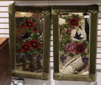 Pair of Victorian mirrors with painted swallow amongst flower decoration to the glass, green