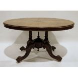 Victorian burr walnut and inlaid loo table, the oval top with moulded edge, on base of four turned