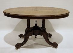 Victorian burr walnut and inlaid loo table, the oval top with moulded edge, on base of four turned