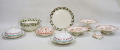 Collection of English pottery and porcelain tablewares, comprising a pottery circular pierced bowl