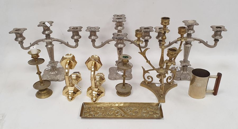 Electroplate and brassware to include candelabra, tray, etc (2 boxes)