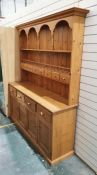 20th century pine dresser with moulded cornice above two shelves, spice drawers, the rectangular