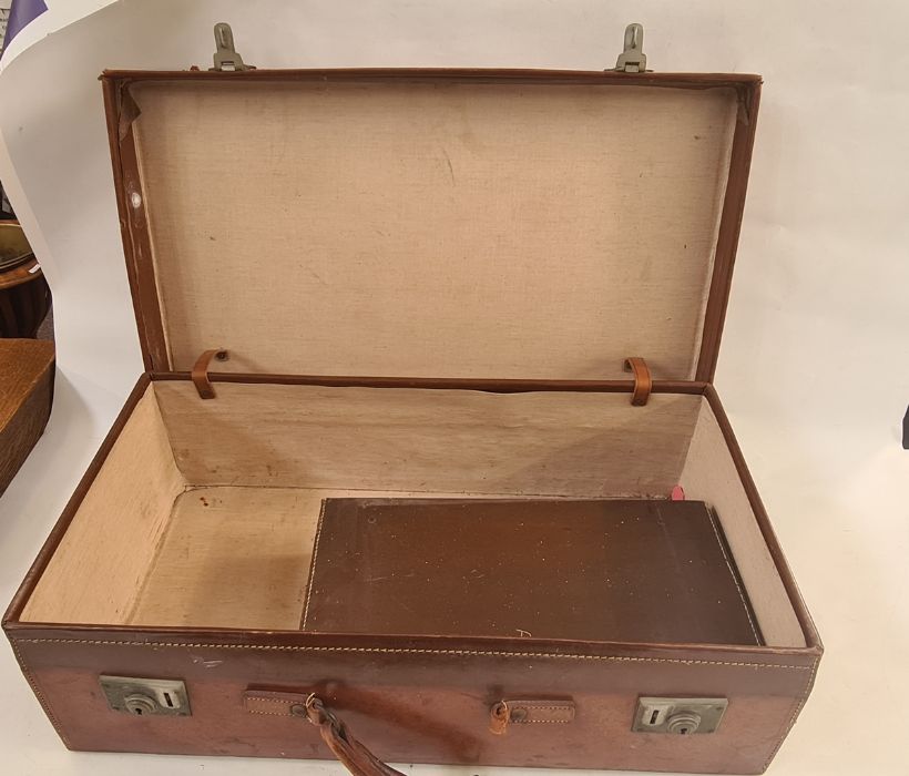 Vintage leather suitcase with some torn travel labels and another, smaller (2) - Image 2 of 2