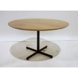 Mid century modern teak circular coffee table on metal supports, 72cm diameter approx.