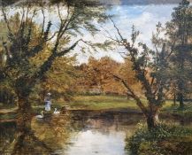 Mark Edwin Dockree (1858-1890)  Oil on board Figures feeding swans on pond, unsigned, named