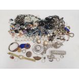 Box of costume jewellery, including glass, pearl, enamel and paste beaded necklaces, silver and