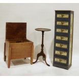 Narrow pine painted chest of drawers, wine table and a sewing box (3)