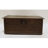 Possibly 17th century and later oak bible box with carved front, iron lock, diamond carved sides,