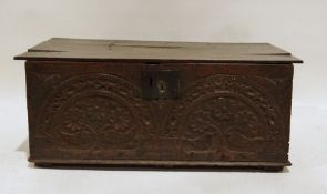 Possibly 17th century and later oak bible box with carved front, iron lock, diamond carved sides,