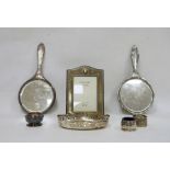Two silver mounted hand mirrors, silver napkin ring, silver salts and a small quantity of plated