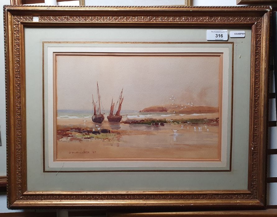 J W Milliken  Watercolour Fishing boats on sandy beach, signed and dated '87 lower left, 17cm x 27. - Image 2 of 3
