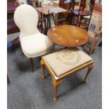 20th century mahogany occasional tripod table, dressing table stool, upholstered chair, standard