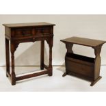 20th century oak single drawer side table on turned block supports, stretchered base and one further