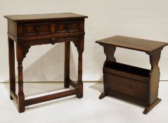 20th century oak single drawer side table on turned block supports, stretchered base and one further