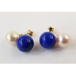 Pair 18K cultured pearl and lapis lazuli earrings, each set one each pearl and lapis