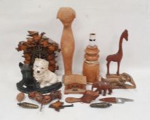 Old wooden-handled corkscrew, a quantity of various wood carvings, an Acctim cuckoo clock, an oak