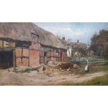 George W. Aikman (1830-1905) Oil on canvas "Bishops Cleeve", farmyard scene with a girl feeding