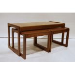 Sunelm mid century modern teak coffee table with two nesting tables under, on end supports Coffee