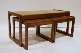 Sunelm mid century modern teak coffee table with two nesting tables under, on end supports Coffee