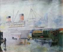 P Ridyard  Watercolour Southampton Docks ocean terminal, indistinctly signed lower right, labelled