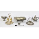 Plated boiled egg breakfast set, a handled sweetmeat/fruit dish, a teapot, a sugar bowl, a butter