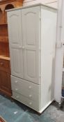 Painted pine narrow two-door wardrobe above three drawers, on turned feet, 176cm x 76cm