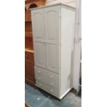 Painted pine narrow two-door wardrobe above three drawers, on turned feet, 176cm x 76cm