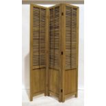 Modern oak three-fold draught screen with Venetian blind panels, 211cm high