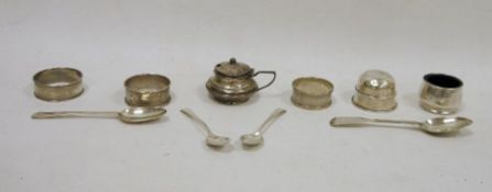 Three various silver napkin rings, Edwardian silver mustard pot, Birmingham 1908, silver salt with