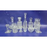 Collection of modern glass including two square-section spirit decanters and stoppers, a globular