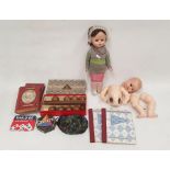 Mid 20th century composition doll, a vinyl doll, sundry children's books and toys (1 box)