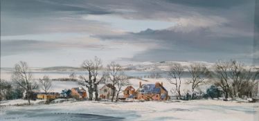 Michael D Barnfather (b. 1934) Oil on board Farm buildings in wintry landscape, signed and dated '71