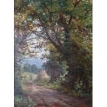 Henry Gummery (1832-1912) Oil on board Woodland track with cottage, signed H Gummery and dated 1900,