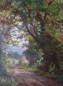 Henry Gummery (1832-1912) Oil on board Woodland track with cottage, signed H Gummery and dated 1900,