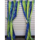 Pair of green, lime and blue striped curtains with gold coloured decoration, roman blind and tie