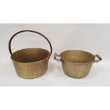 Brass jam pan with iron hoop handle and another, smaller with pair wooden bar handles