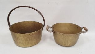 Brass jam pan with iron hoop handle and another, smaller with pair wooden bar handles