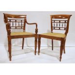 Set of four modern cane seated hardwood chairs, turned reeded supports to peg feet (4)